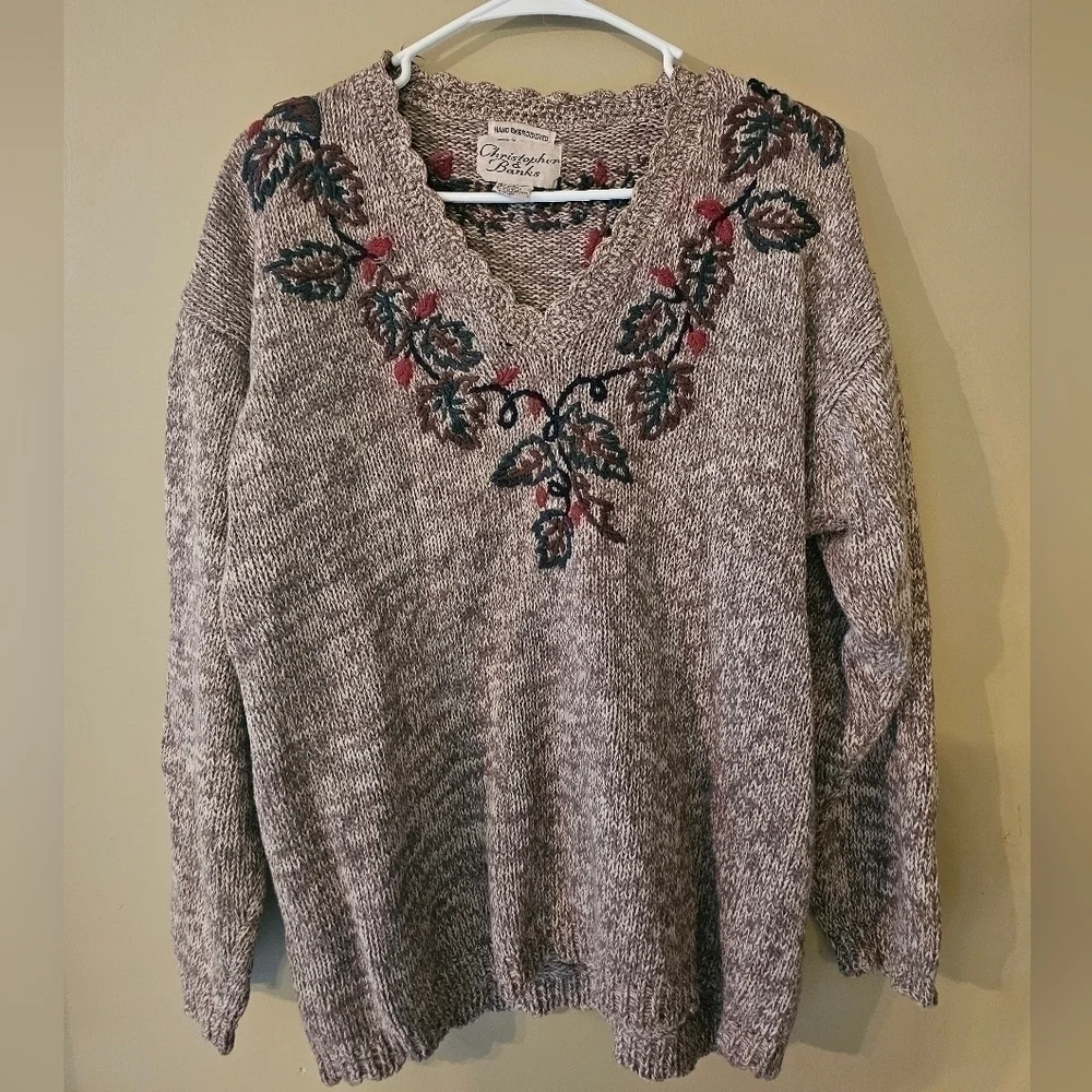 Vintage Christopher & Banks Floral Hand Embroidered V Neck Sweater - Picture 1 of 3